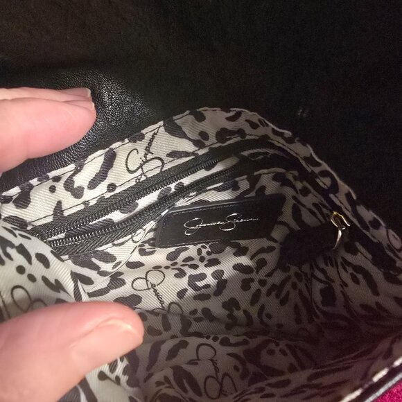 Jessica Simpson Black Faux Leather Crossbody Bag Gold Chain Leopard Lining EUC - Picture 4 of 9